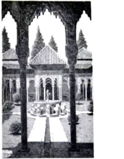 grabado artístico del patio de los Leones, Alhambra