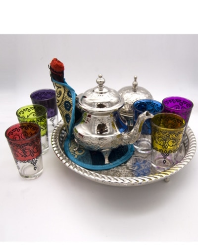 Juego de té marroquí Completo Tetera 800 ml Bandeja pequeña de 42x34 cm diámetro con asas y 6 Vasos plata 