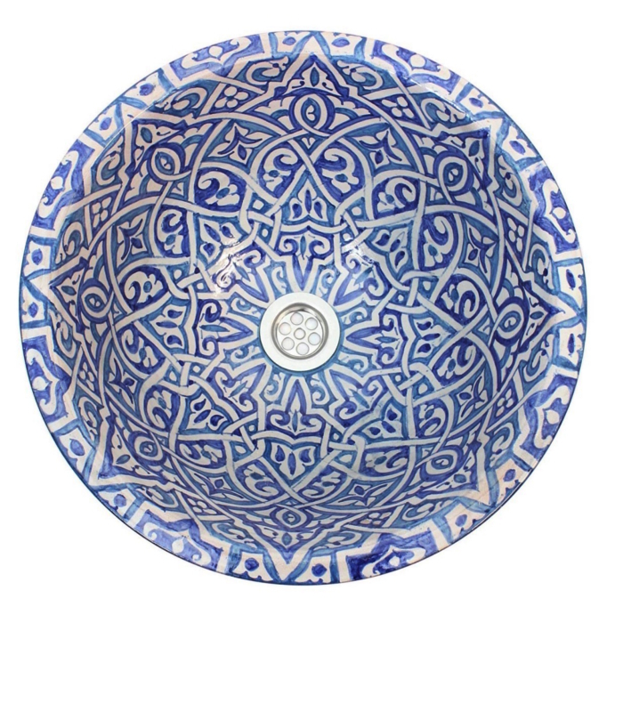 lavabo ceramica marroquí artesanal geometrico azul fez modelo Medersa