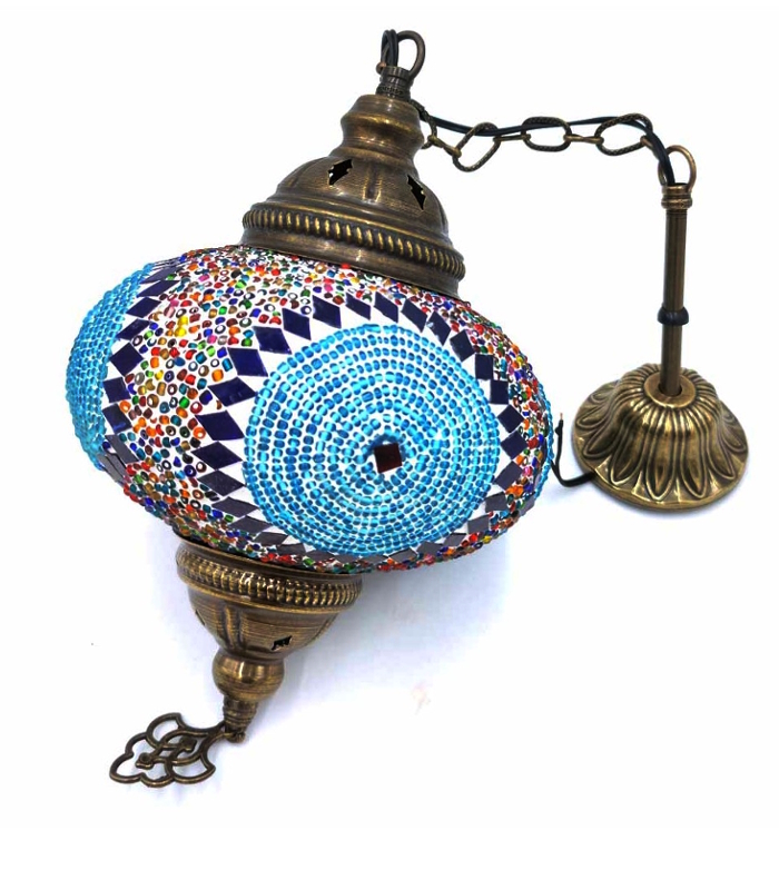 lampara turca colgante bronce y cristal mosaico tonos azules modelo Bizanzio