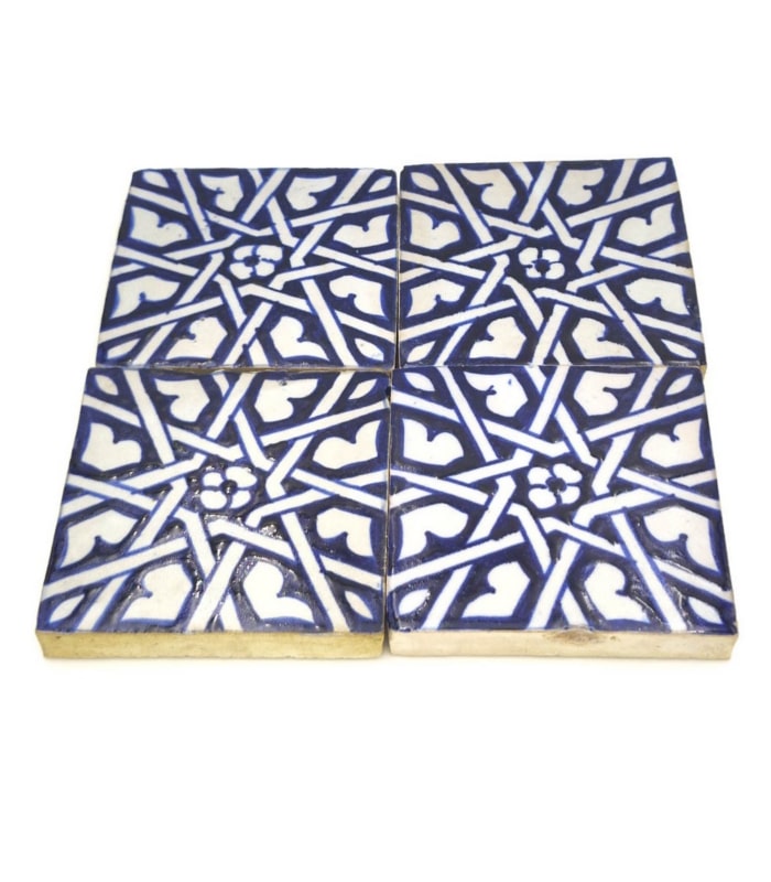 azulejo marroquí esmaltado geometria en azules Fez