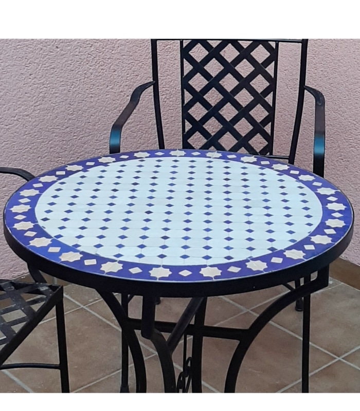 mesa mosaico zellige de Fez azul y blanca